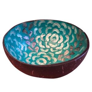 Coconut Shell Trinket Bowl 5.5in Teal Excellent Mother of Pearl
